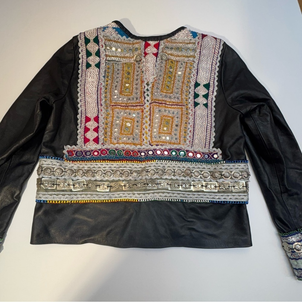 teté by Odette Embellished Leather Jacket Vintage Hmong Tribal OOAK Boho - Picture 6 of 16
